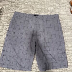 Travis Mathew Gray Flat Front Shorts Burgundy and Dark Blue Checkered Stripes